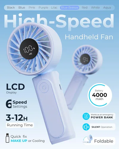 Miniatura 2 de Peiyuu Ventilador portátil, recargable de 4000 mAh, mini ventilador de escritorio plegable de 180° con 6 velocidades de viento, pantalla digital