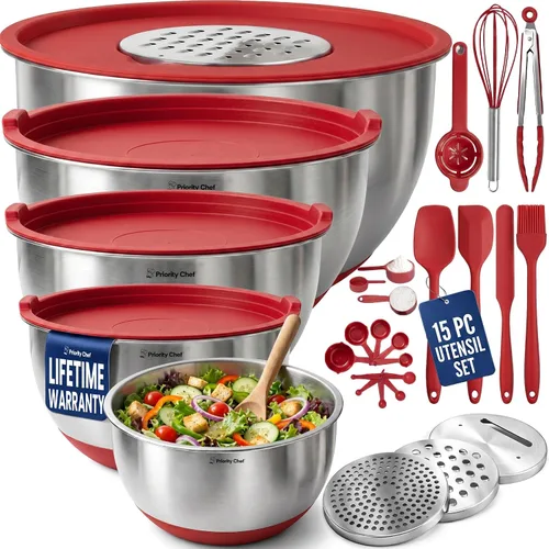 Miniatura 13 de Priority Chef Juego de tazones para mezclar de acero inoxidable con tapas, cuencos de metal con tapas herméticas, ralladores, base antideslizante