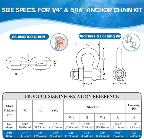 Miniatura 2 de 1/4" or 5/16 Chain for Boats, 316 Stainless Steel Boat Anchor Chain Kit, Marine Grade Anchor Lead Chain w/ 2 Pcs Anti-Off Double Shackle Link Ends