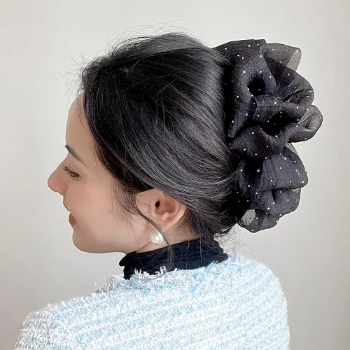 Miniatura 8 de Myhiju Pinza para el cabello, pinza de pelo de tul de malla de gasa negra, clip de lazo de seda de sujeción fuerte para mujeres, accesorios
