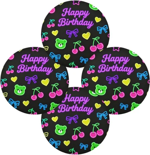Miniatura 2 de Manteles individuales redondos de color negro a granel con oso de feliz cumpleaños para niños de 15 x 15 pulgadas individuales para mesa de comedor
