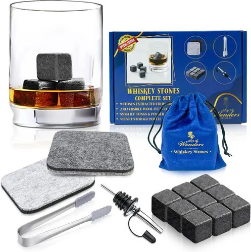 A&A Wonders Juego de 9 piedras de whisky de alta calidad, 100% natural, de granito natural, cubos de hielo reutilizables para bebidas con bolsa de 9