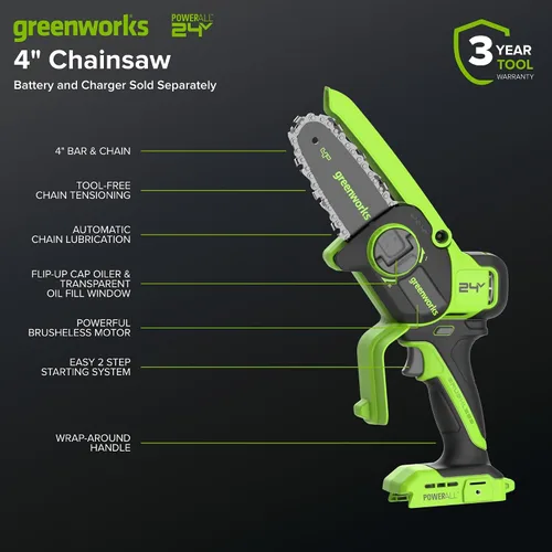 Miniatura 2 de Greenworks Mini motosierra sin escobillas de 24 V y 4 pies (engrasador automático, tensión sin herramientas, ultraligera), batería y cargador
