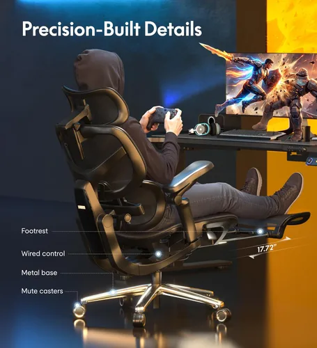 Miniatura 9 de FlexiSpot Sentinel-Pro - Silla ergonómica para juegos con reposabrazos 7D de doble ala adaptable lumbar 7D 145° 4 posiciones, respaldo ajustable
