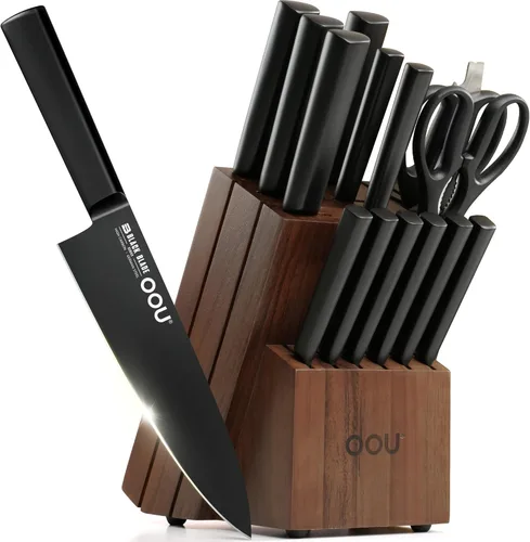 Miniatura 9 de OOU Juego de cuchillos con bloque y afilador, 6 piezas, juego de bloque de cuchillos de cocina de acero alemán de alto carbono con soporte universal