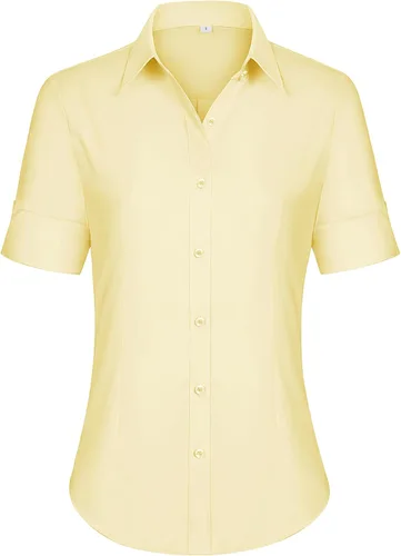Miniatura 16 de siliteelon Camisas de vestir de manga corta con botones para mujer, camisas de algodón con botones para mujer, blusa ajustada de manga 3/4