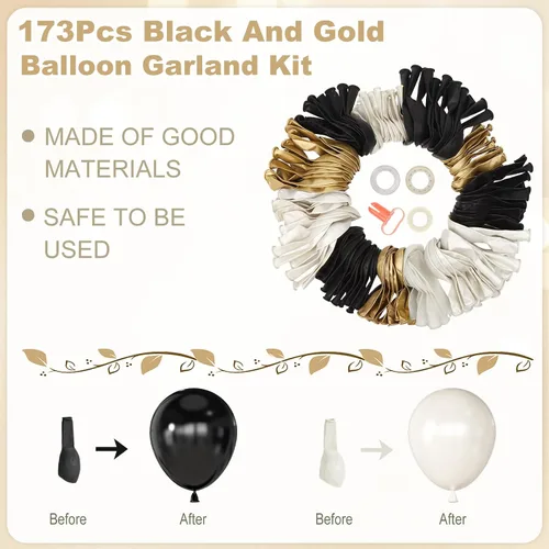 Miniatura 4 de Amandir Kit de guirnalda de arco de 173 globos negros y perlas, blanco perla, negro, cromado, dorado, globos transparentes para graduación