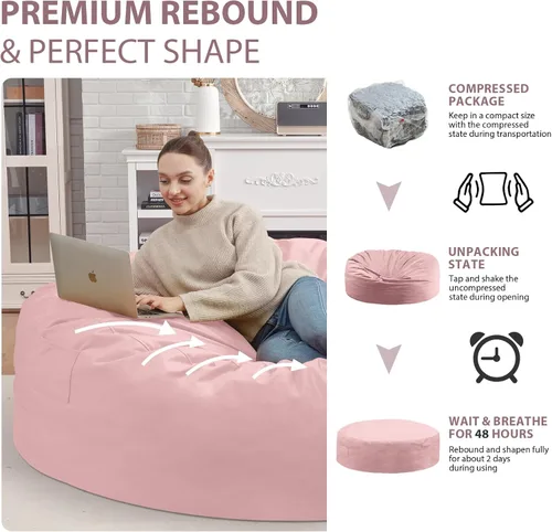 Miniatura 155 de Puf de 5 pies, puf grande con relleno de espuma viscoelástica, sofá puff esponjoso con funda de terciopelo holandés, puf redondo para sala de estar