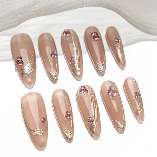 Miniatura 14 de Sun&Beam Nails Uñas a presión hechas a mano medianas con diseño de concha rosa metálica con acabado brillante, 10 piezas para uso diario y ocasiones