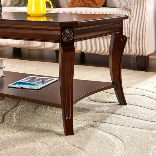 Miniatura 7 de Mesa auxiliar tradicional con estante de almacenamiento y patas talladas, mesas de sala de estar de granja, mesa central rectangular de madera