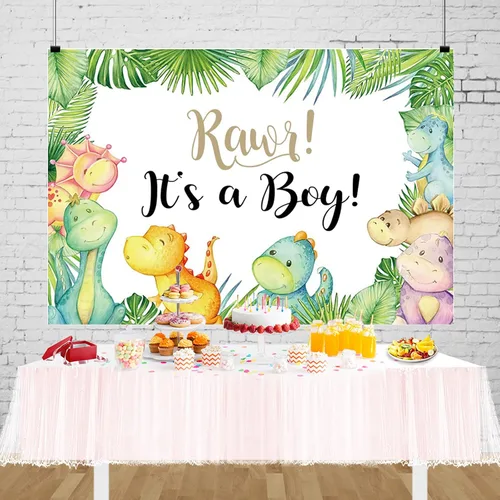 Miniatura 6 de Cartel de fondo de baby shower de dinosaurio pequeño de 7 x 5 pies con texto en inglés "It's A Boy" ("It's A Boy"), telón de fondo para baby shower