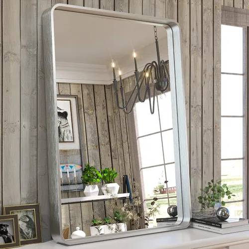 Miniatura 48 de TETOTE Espejo de marco dorado cepillado de 16 x 24 pulgadas, espejo de tocador de baño de latón dorado para pared, espejo enmarcado rectangular