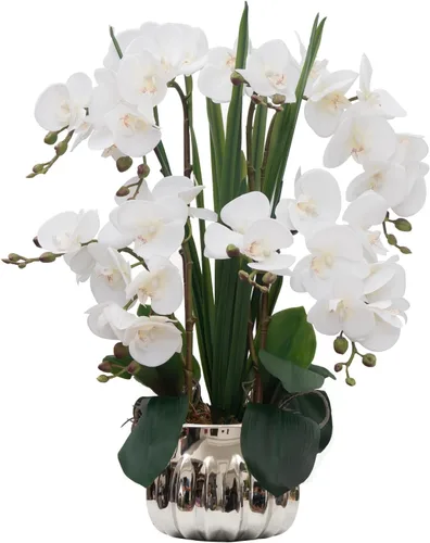 Miniatura 23 de CXGS Planta de orquídeas artificiales de tacto real, orquídeas falsas en jarrón de cerámica, naranja, 19.7 pulgadas, arreglo floral falso