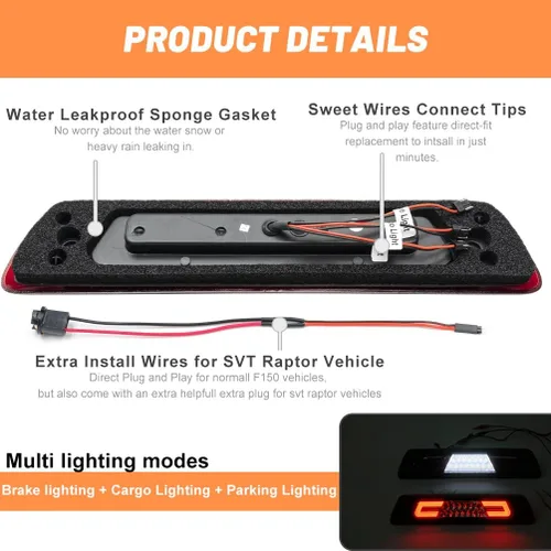 Miniatura 3 de F150 LED 3ª luz de freno para 2009 2010 2011 2012 2013 2014 F0rd F150 SVT Raptor lente ahumada Tercera lámpara de freno de montaje alto LED blanco