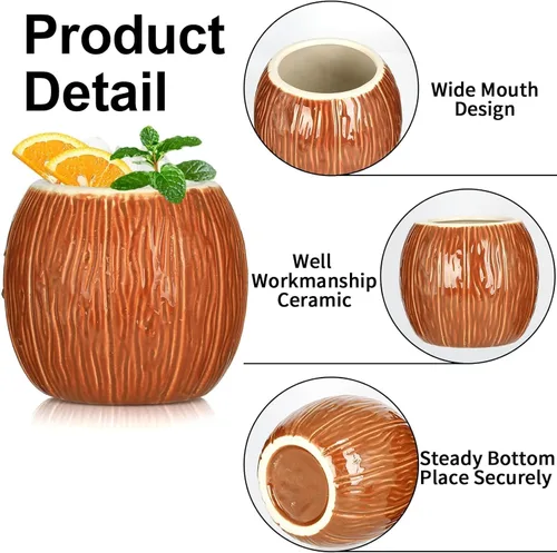 Miniatura 5 de LINALL Paquete de 4 tazas Tiki de cerámica de 17 onzas – Copas de cóctel de coco hawaiano para Mai Tai y piña colada, tazas Tiki duraderas, juego