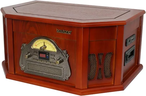 Miniatura 4 de Boytone BT-25CH 8-en-1 Sistema de tocadiscos clásico de madera natural estéreo con conexión Bluetooth, reproductor de discos de vinilo, AM/FM, CD