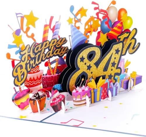 Miniatura 4 de iGifts And Cards Tarjeta desplegable 3D de feliz cumpleaños 84 – Diseño azul con números de purpurina, globos, pasteles y regalos – Tarjeta