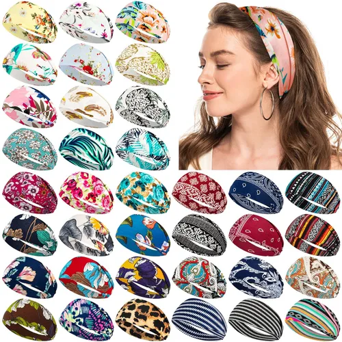 Yunsailing 36 diademas bohemias para mujer, diadema ancha antideslizante para yoga, entrenamiento, correr, bandas para el cabello, envolturas para