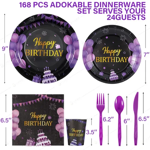 Miniatura 2 de Juego de vajilla de 168 piezas de suministros para fiesta de cumpleaños morados y negros, platos, cuchillos, tenedores, cucharas, tazas