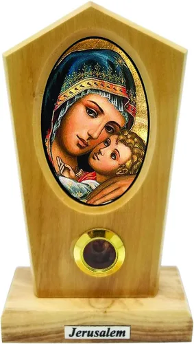 Miniatura 7 de Logos Trading Post Virgen María de Jerusalén (bizantina), icono católico de pie con imagen a todo color, madera de olivo de tierra santa de Israel