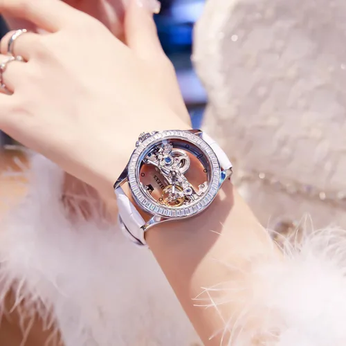 Miniatura 2 de OLEVS Reloj de mujer con diseño de esqueleto, mecánico automático, plateado, de lujo, impermeable, luminoso, conjunto de regalo