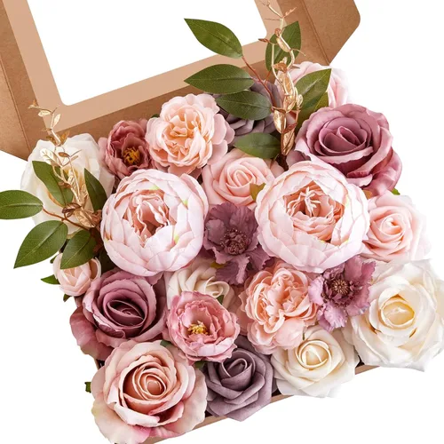 Miniatura 18 de Serwalin Flores de seda, flores artificiales burdeos para decoración de boda, rosas falsas rosas rosas y rojas con tallos y caja de vegetación, A