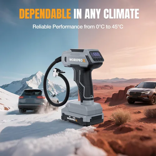 Miniatura 9 de WORKPROX Compresor de aire portátil para inflador de neumáticos, bomba de neumáticos inalámbrica de 150 PSI con medidor de presión digital, inflado