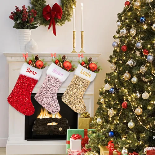 Miniatura 6 de Ulico Calcetines de Navidad personalizados, 18 pulgadas, con lentejuelas bordadas con nombre personalizado, calcetines de Navidad para niños