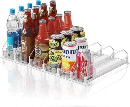 Miniatura 23 de Organizador de Bebidas para Refrigerador, 12oz 16oz 20oz - Dispensador de Latas de Refresco para Refrigerador, Ancho Ajustable, Deslizador Negro
