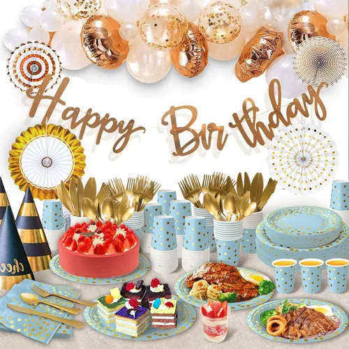 Miniatura 5 de AIRE 175 piezas de platos de papel azules y dorados, juego de vajilla para 25 invitados, decoraciones para fiestas, platos de papel, suministros