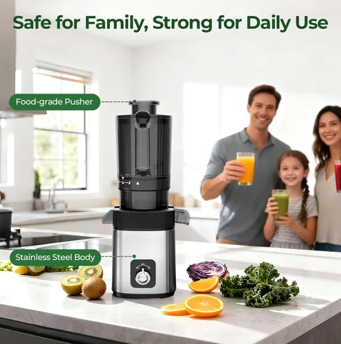 Miniatura 7 de Máquina exprimidora lenta de prensa en frío, exprimidor compacto de masticación lenta para verduras y frutas, canal de alimentación de 4.4 pulgadas