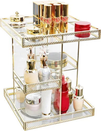 Organizador de cosméticos de vidrio dorado de 3 niveles con rotación de 360 grados, bandeja de perfume giratoria de alta calidad, exhibición de