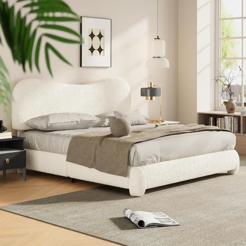 Miniatura 3 de Kelway Base de cama tamaño Queen Boucle tapizada con cabecera ajustable curvada, no necesita somier, color beige