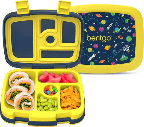 Bentgo Kids Prints - Lonchera de 5 compartimentos estilo bento, a prueba de derrames, porciones de tamaño ideal para niños de 3 a 7 años, duradera,