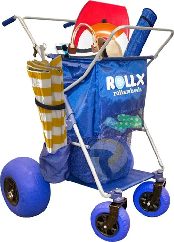 RollX Carro de almacenamiento plegable con 4 ruedas de globo, neumáticos de playa traseros de 13 pulgadas y delanteros de 7 pulgadas (bomba Azul