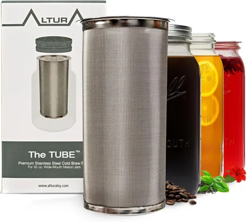 Altura The TUBE - Cafetera de café frío e infusor de té para tarros Mason de boca ancha, filtro de acero inoxidable para café helado, agua de frutas