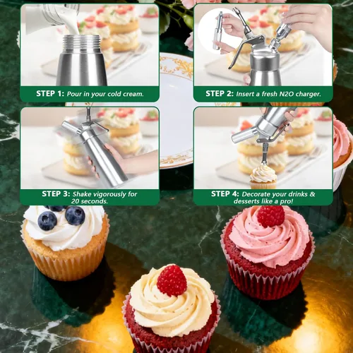 Miniatura 4 de Dispensador de crema batida de 16.9 fl oz, recipiente de aluminio de 1 pinta de crema batida con 6 boquillas de decoración, batidor de crema batida