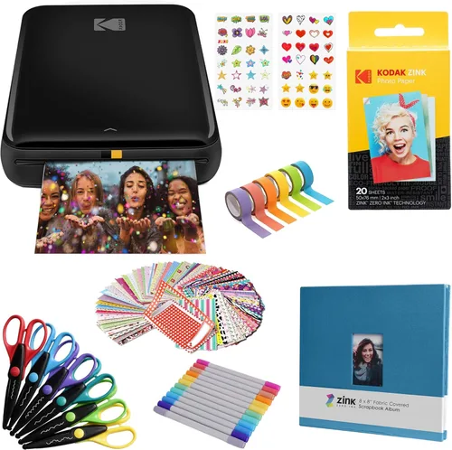 KODAK Step - Impresora fotográfica inalámbrica de 5 x 8 cm con tecnología de papel Zink y aplicación KODAK para iOS y Android (color negro), paquete