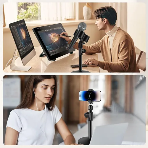 Miniatura 7 de BILIONE Soporte de micrófono de escritorio versátil, soporte de micrófono de mesa ajustable con clip de micrófono grande, clip para teléfono