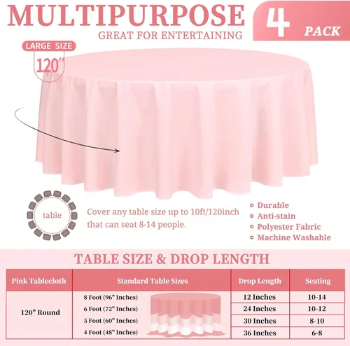 Miniatura 34 de Showgeous Paquete de 4 manteles redondos color rosa intenso de 120 pulgadas de poliéster para mesas redondas, manteles de tela decorativa lavable