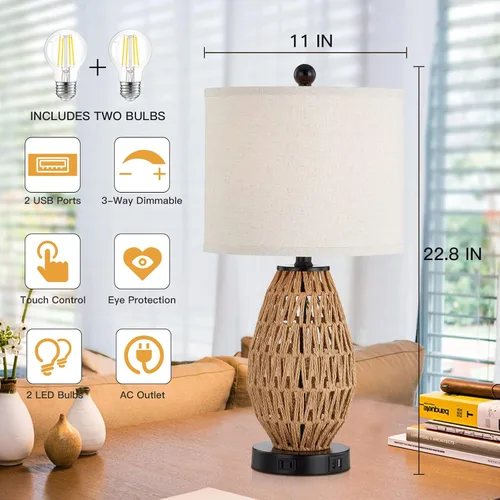 Miniatura 6 de CINSARY Lámparas de mesa de ratán con control táctil, lámparas de noche regulables de 3 vías para dormitorio, juego de 2 con 2 puertos USB y salida