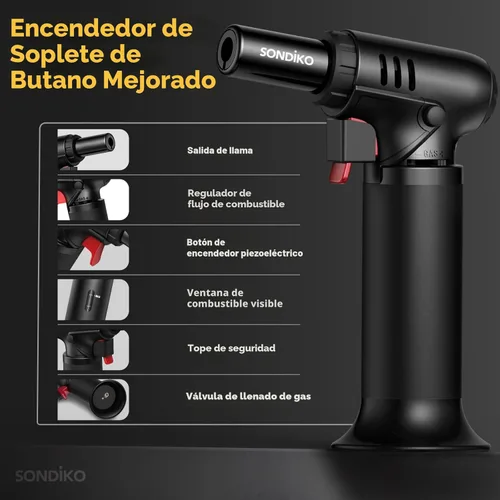 Miniatura 3 de Sondiko S907 Soplete de butano con indicador de combustible, encendedor recargable con llama ajustable para soldadura, arte de resina y uso Negro 2