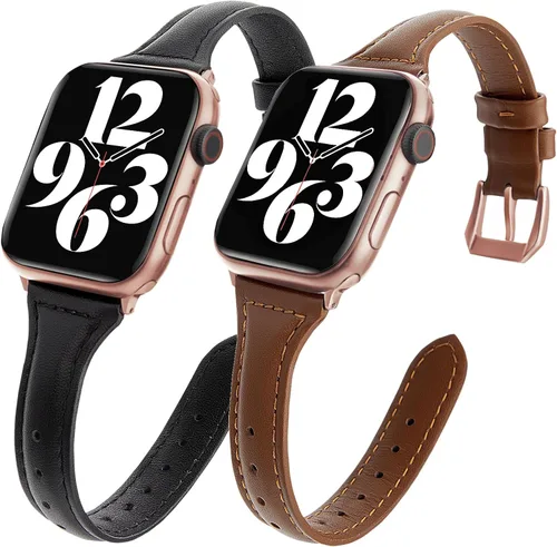 Miniatura 11 de 2 paquetes de correas delgadas de cuero genuino compatibles con Apple Watch de 38mm 40mm 41mm 42mm 44mm 45mm 49mm, correas delgadas de cuero de capa