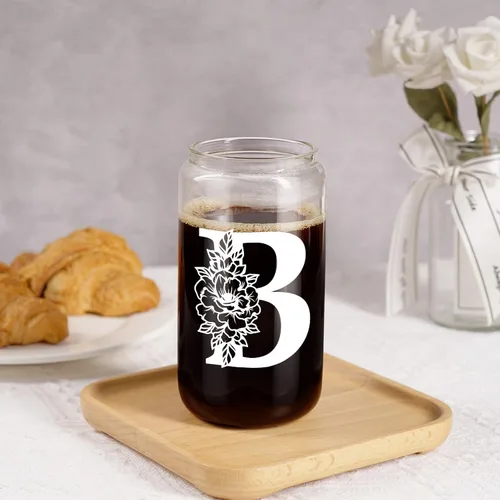 Miniatura 7 de Taza de Vidrio Inicial Coolife, Regalos Personalizados para Mujeres, Tazas de Vidrio de 16 oz con Tapas y Popotes, Vaso para Café Helado, Licuado