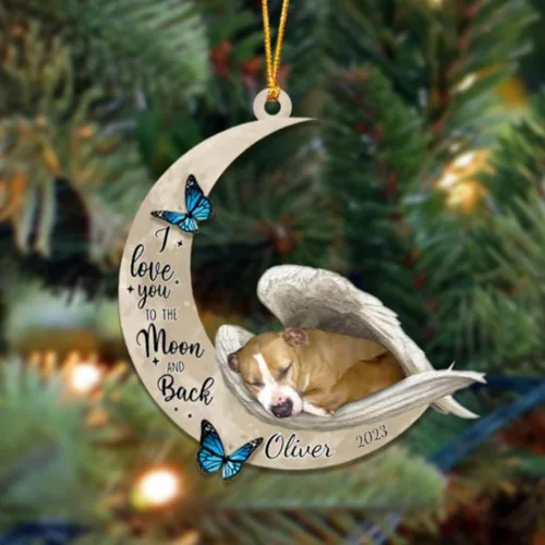 Miniatura 130 de Adorno colgante personalizado de ángel durmiendo en la luna, perro sabueso afgano, nombre personalizado, acrílico impreso en 2D plano – cumpleaños