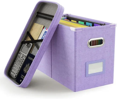 Miniatura 30 de Oterri Caja de archivos colgante con bolsillo de malla, caja organizadora de archivos con tapa, caja organizadora de documentos plegable