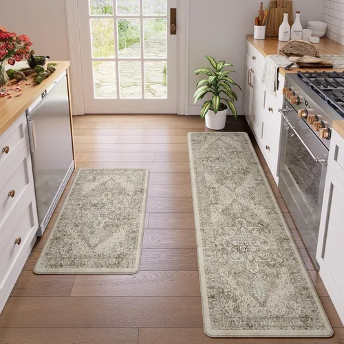 Miniatura 32 de KIMODE Alfombra de Cocina Antifatiga 2 Piezas, Alfombras de Cocina Antideslizantes e Impermeables, Alfombra de Cocina de Estilo Rústico en Gris