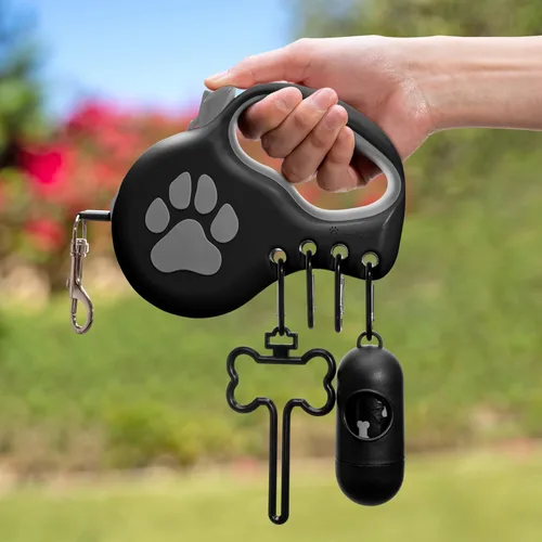 Miniatura 5 de Correa retráctil para perros pequeños y medianos (hasta 55 libras) - Personalizable, patentado, diseño reflectante, mango ergonómico, incluye Negro
