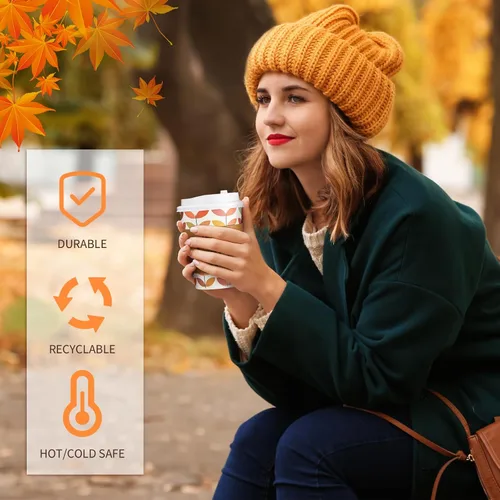 Miniatura 5 de Lallisa Paquete de 100 tazas de café de papel de Acción de Gracias de 12 onzas con tapas y mangas, tazas de café desechables para otoño, Acción