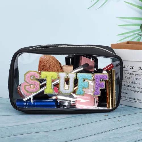 Miniatura 2 de Preppy Patch STUFF - Bolsa de maquillaje con letras de chenilla para mujeres, bolsa de PVC transparente con cremallera, bolsa de parches